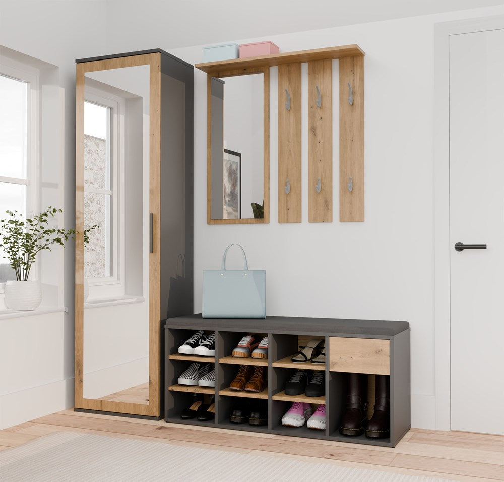 Åben skobænk med skuffe, antracit og naturfarvet