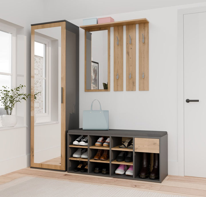 Åben skobænk med skuffe, antracit og naturfarvet