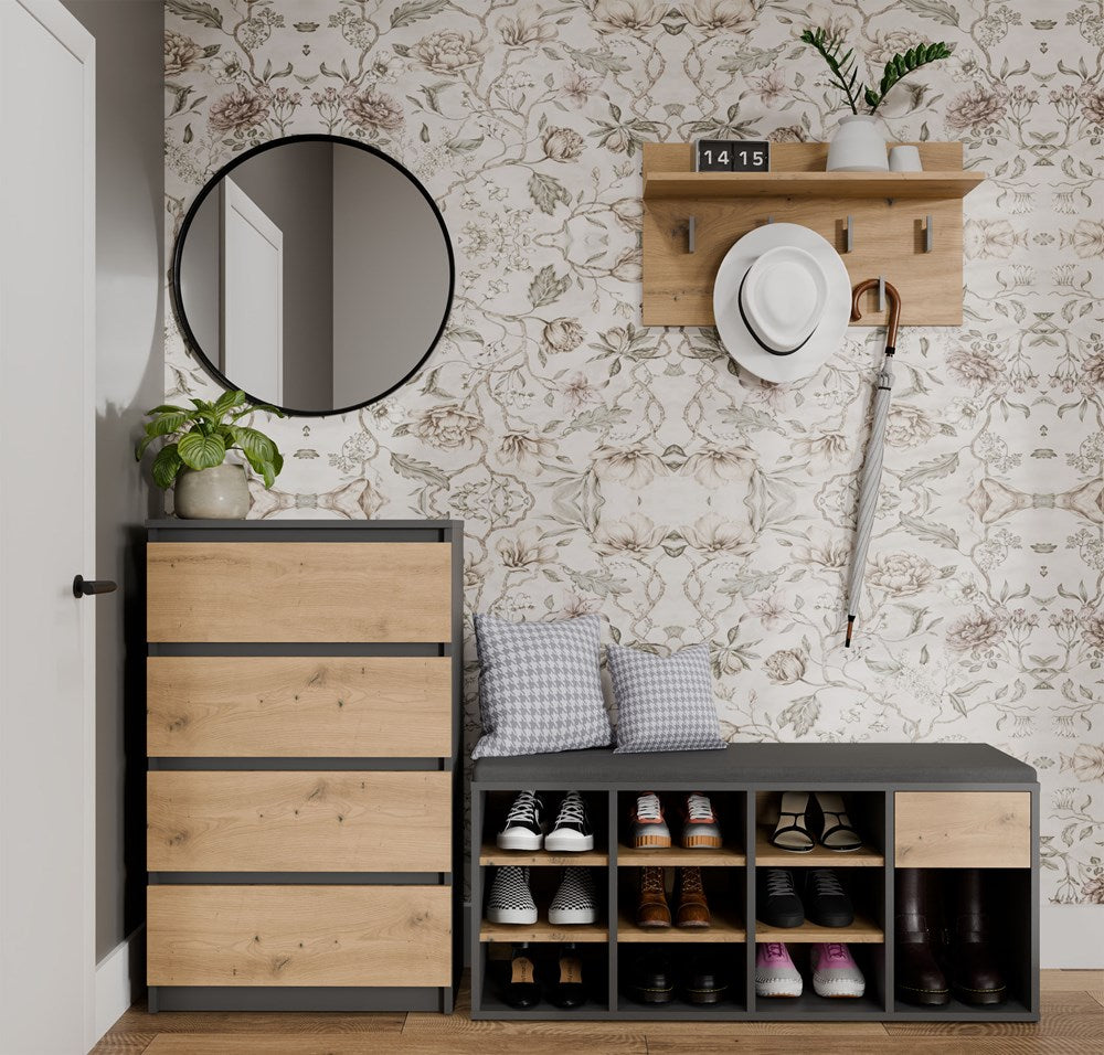 Åben skobænk med skuffe, antracit og naturfarvet