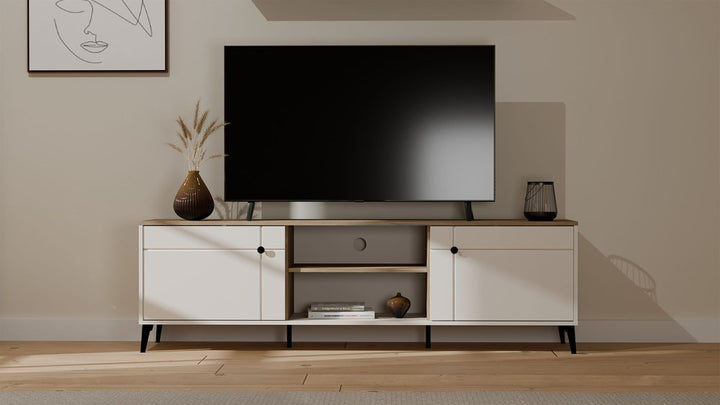 Elegant og bred TV-bord, lav kommode, kashmir-farvet, sorte ben