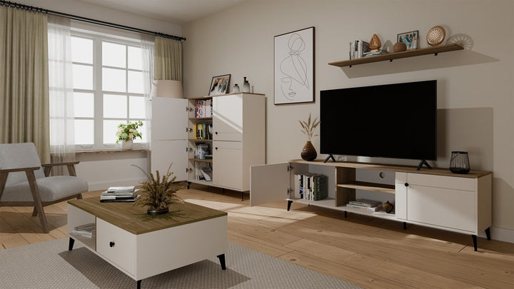 Elegant og bred TV-bord, lav kommode, kashmir-farvet, sorte ben