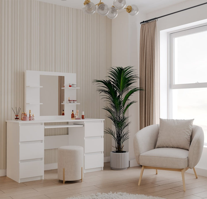 Elegant sminkebord med spejl og 4 hylder, hvid