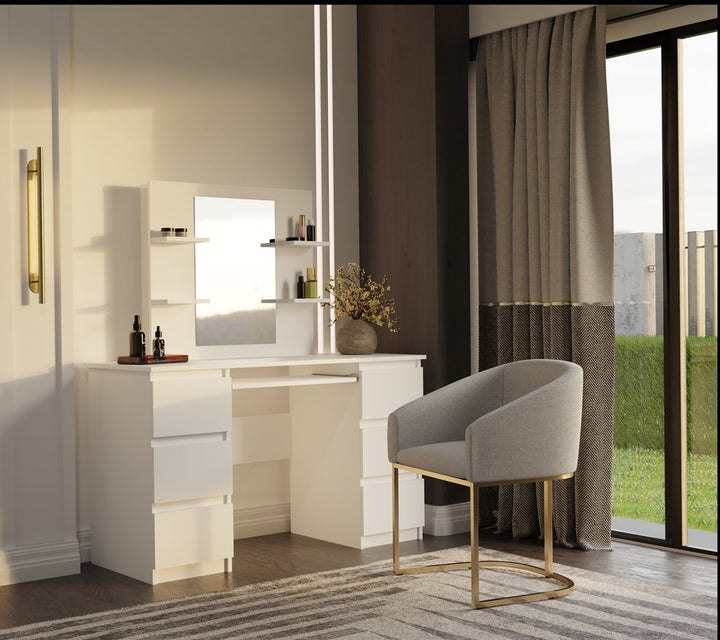 Elegant sminkebord med spejl og 4 hylder, hvid