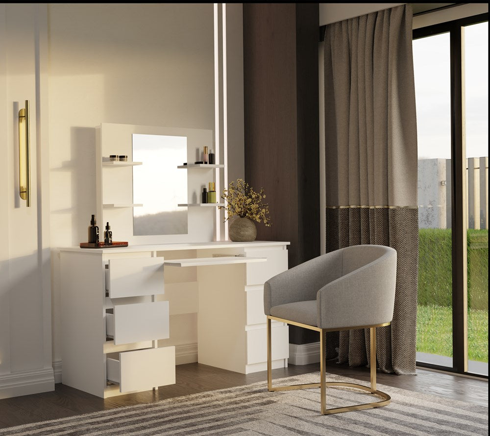 Elegant sminkebord med spejl og 4 hylder, hvid