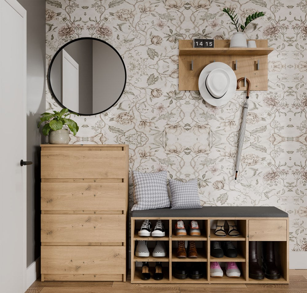 Åben skobænk med skuffe, naturfarvet