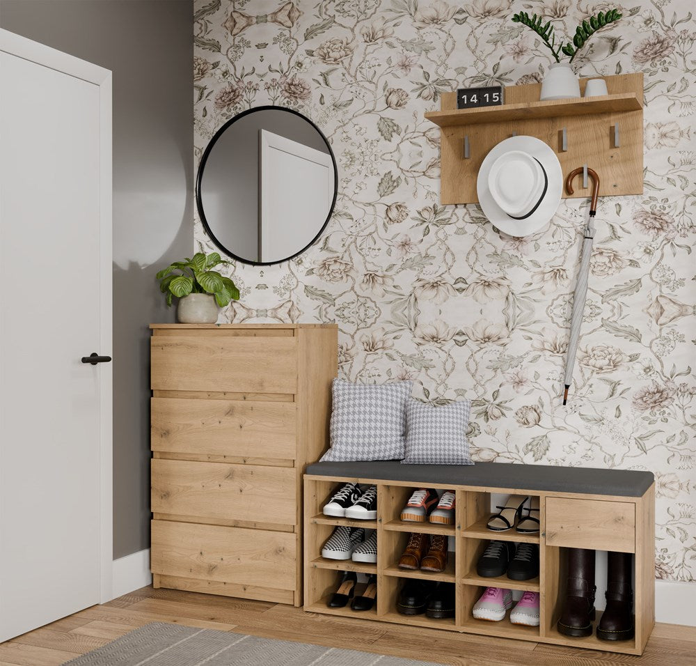 Åben skobænk med skuffe, naturfarvet