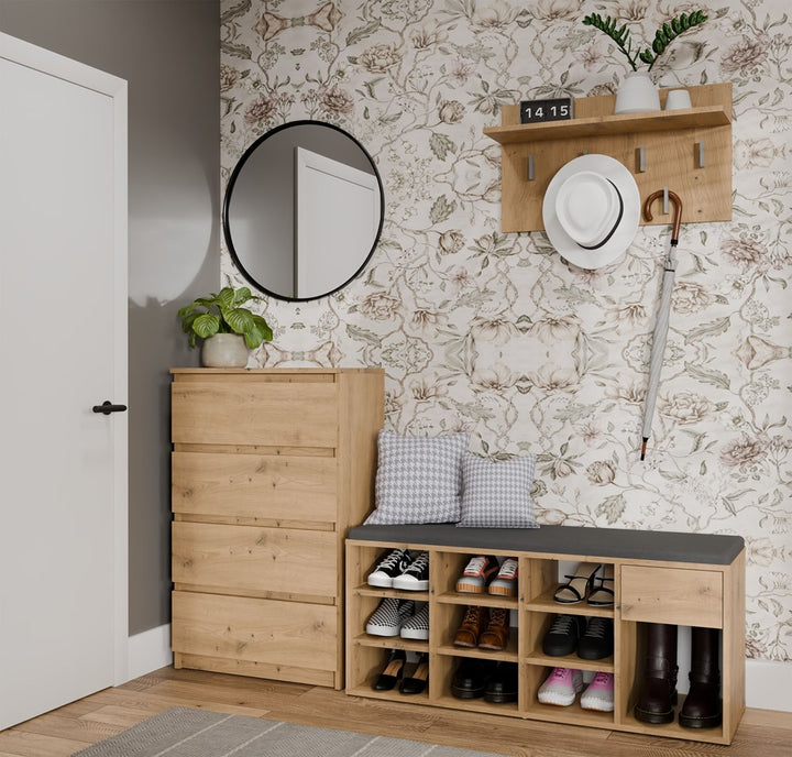 Åben skobænk med skuffe, naturfarvet