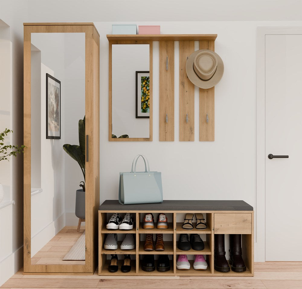 Åben skobænk med skuffe, naturfarvet