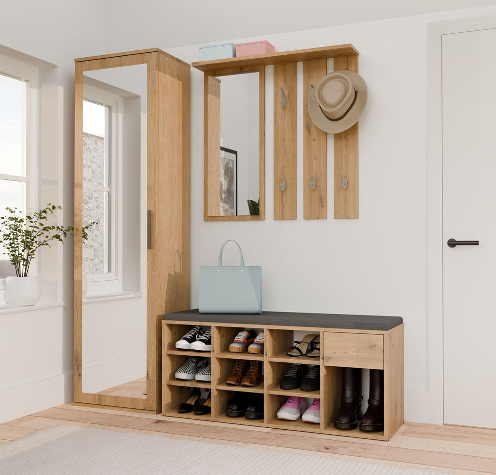 Åben skobænk med skuffe, naturfarvet