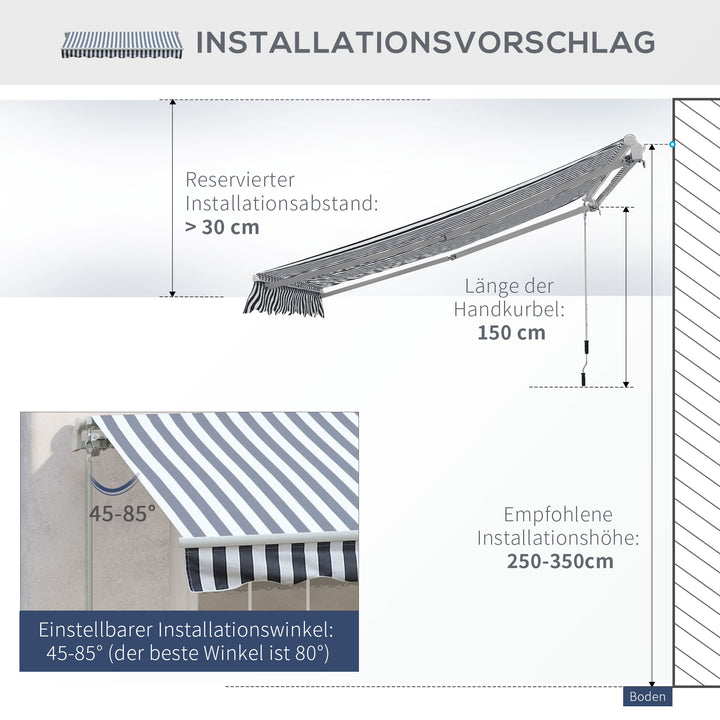 Markise, leddelt armmarkise, solafskærmning, håndsving, balkon, aluminium, grå, hvid, 2,95 x 2,45 m