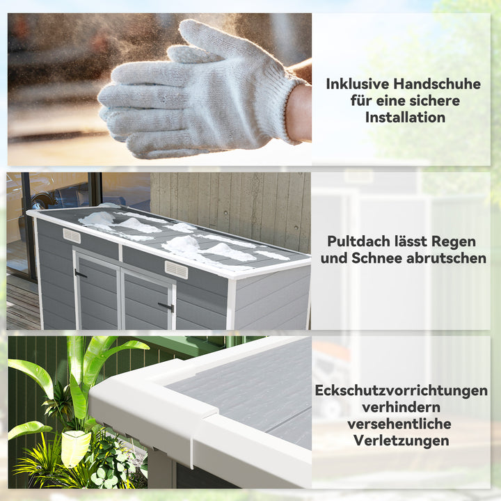 2,4 x 1,3 m haveskur, plastik havehus med gulv, vindue, aflåselige døre, til have, terrasse, grå