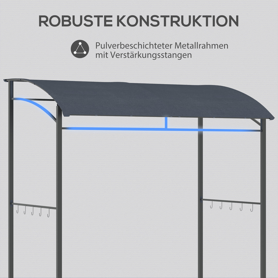 Grillpavillon, grillovertræk, regnslag, kroge til redskaber, stålramme, grå, 215 x 150 x 174/220 cm