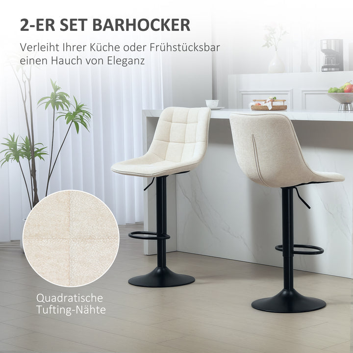 Moderne barstol, sæt med 2 drejebarstole med ryglæn, højdejusterbar, med fodstøtte, polstret, beige
