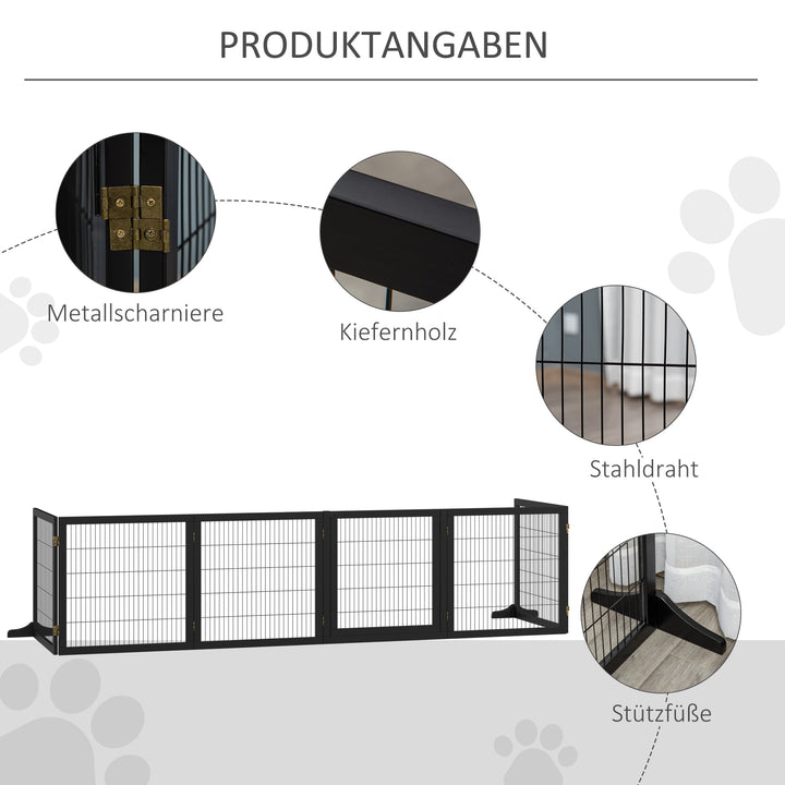 Hundegitter, sammenklappelig, 432 x 36 x 70 cm, fyrretræ, sort