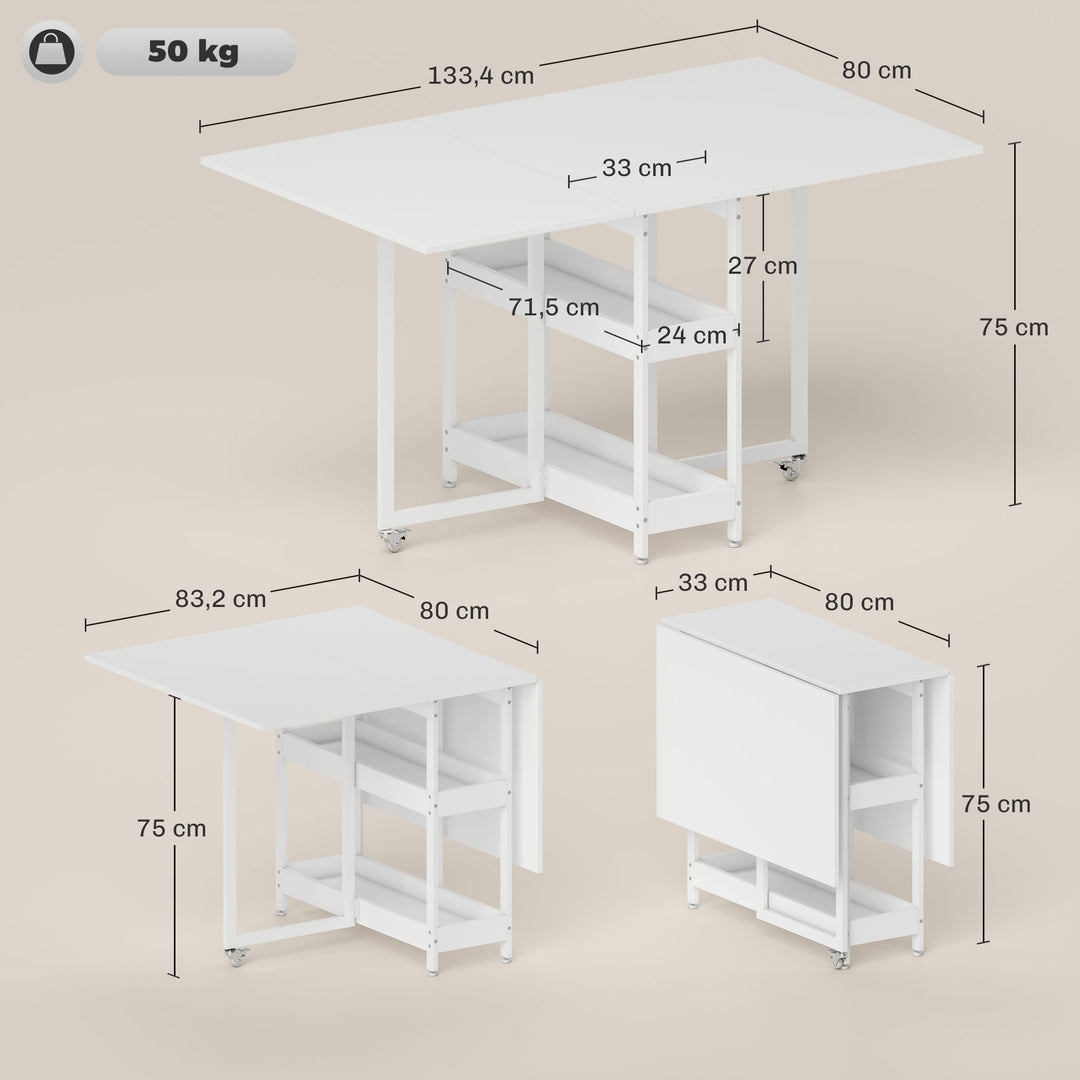 Foldbart spisebord i industrielt design, til op til 4 personer, åbne hylder, fleksibelt, metal, spånplade, hvid