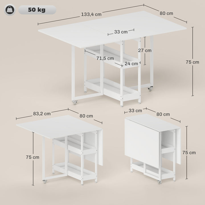 Foldbart spisebord i industrielt design, til op til 4 personer, åbne hylder, fleksibelt, metal, spånplade, hvid