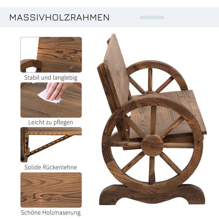 2-personers havebænk i massivt træ med armlæn, bænk med vognhjulsdesign, havemøbler, lasteevne 250 kg, rustik bænk, 114 x 58 x 80 cm, brun