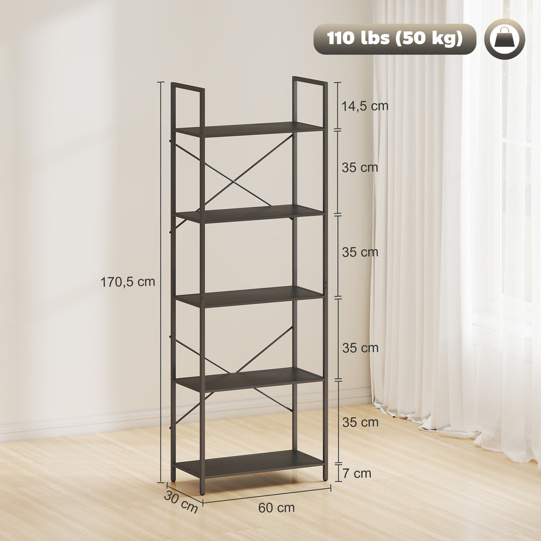 Bogreol, fritstående hylde med 5 hylder, industriel kontorreol med metalramme, åben opbevaringsreol til stue, kontor, arbejdsværelse, 60x30x170,5 cm, sort