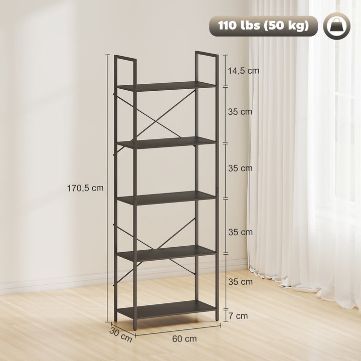 Bogreol, fritstående hylde med 5 hylder, industriel kontorreol med metalramme, åben opbevaringsreol til stue, kontor, arbejdsværelse, 60x30x170,5 cm, sort