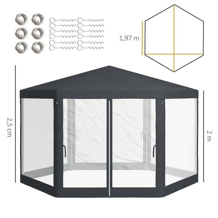 Havepavillon, sekskantet, netgardiner, metalramme, 3,94x3,412x2,5m, mørkegrå