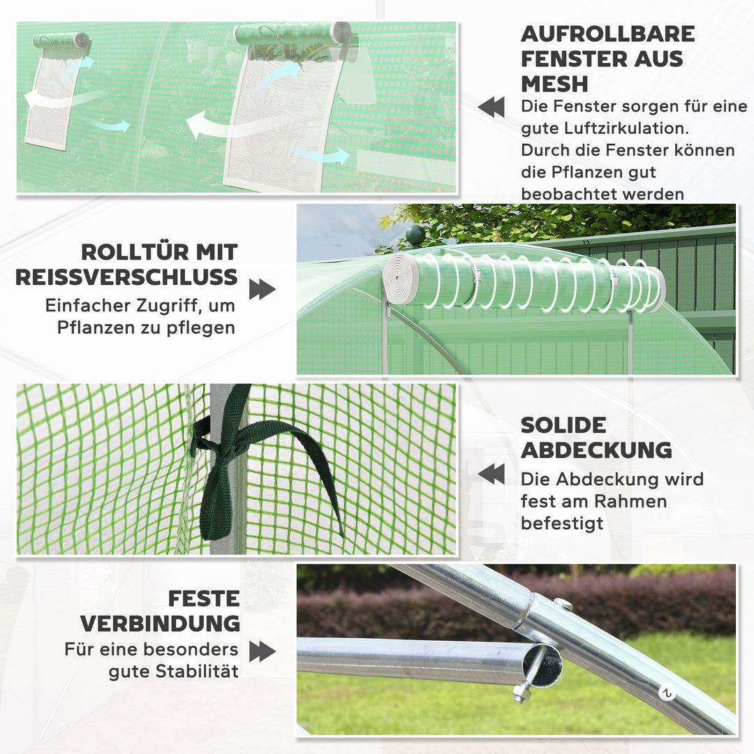 Drivhus i polytunnel med walk-in-funktion, 8 vinduer med insektnet, robust film, stålramme, 6 x 3 x 2 m, grøn
