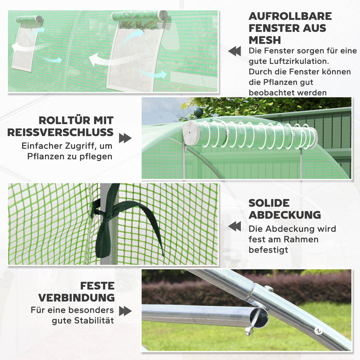 Drivhus i polytunnel med walk-in-funktion, 8 vinduer med insektnet, robust film, stålramme, 6 x 3 x 2 m, grøn