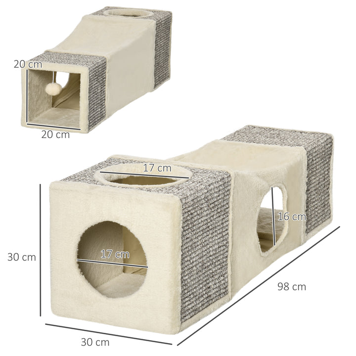 Kattetunnel, 2 kattehuler, kradseområder og boldlegetøj, 98 cm x 30 cm x 30 cm, brun + beige