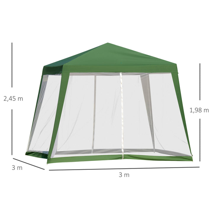 Havepavillon, partytelt, vejrbestandigt telt med myggenet, metal + polyester, grøn, 3 x 3 m