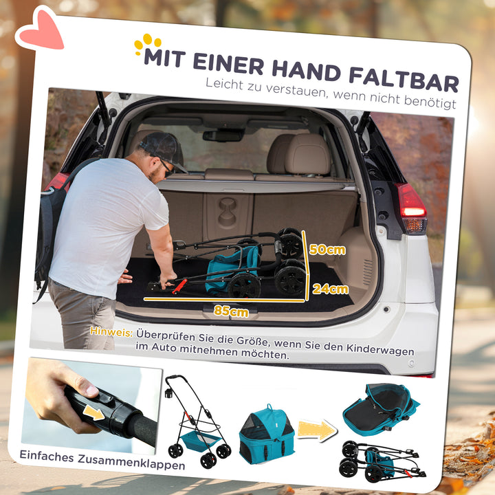3-I-1 kæledyrsklapvogn, foldbar hundevogn med 4 hjul og aftagelig transportør til hunde og katte, turkis