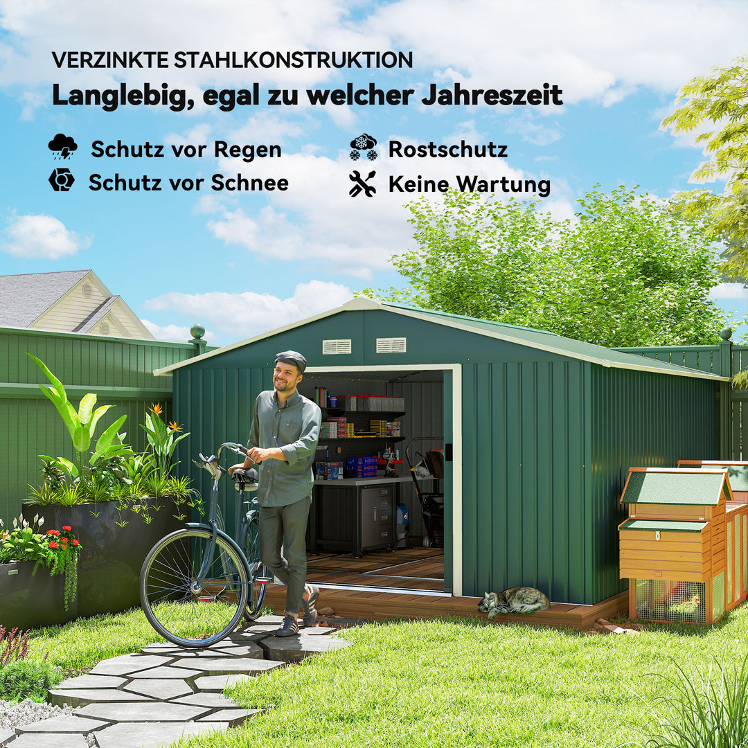 Redskabsskur, vejrbestandigt haveskur til haveredskaber, med ventilationsvinduer, skydedøre, stål, mørkegrøn