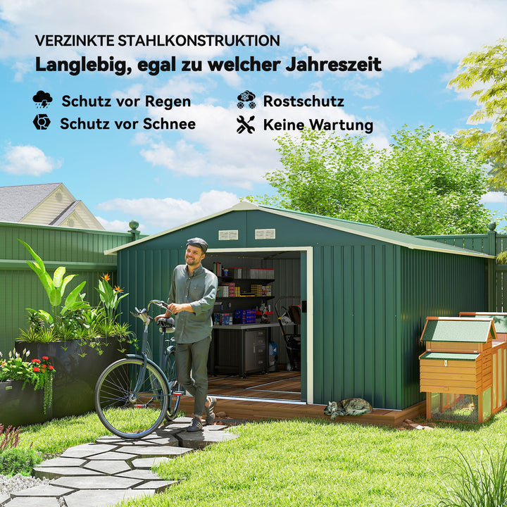 Redskabsskur, vejrbestandigt haveskur til haveredskaber, med ventilationsvinduer, skydedøre, stål, mørkegrøn