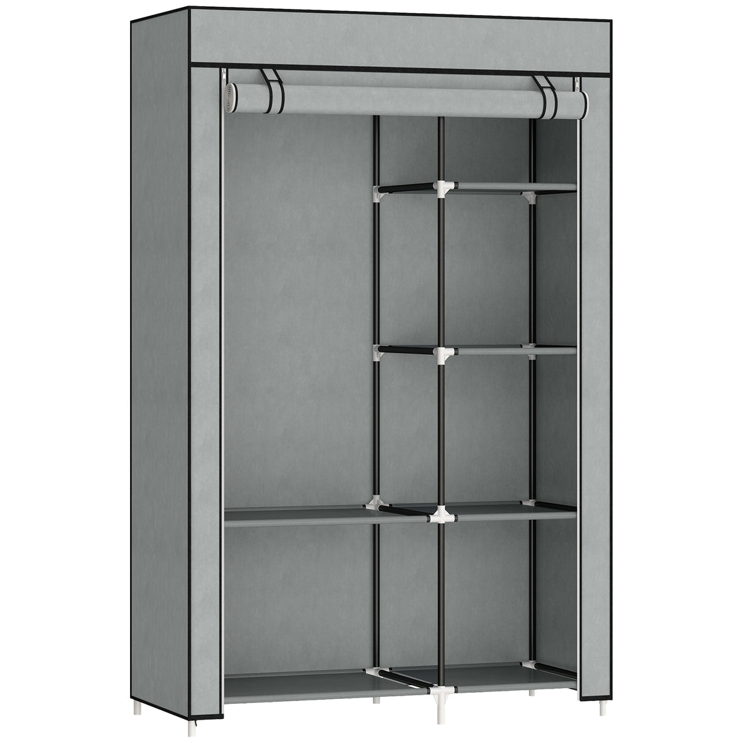 Stofgarderobe, opbevaringsløsning, 6 hylder, 1 garderobestang, lysegrå