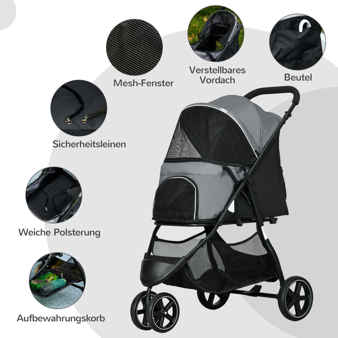 Hundevogn kæledyrsvogn op til 10 kg sammenklappelig regnovertræk 2 sikkerhedssnore 83 cm x 55 cm x 101 cm grå + sort