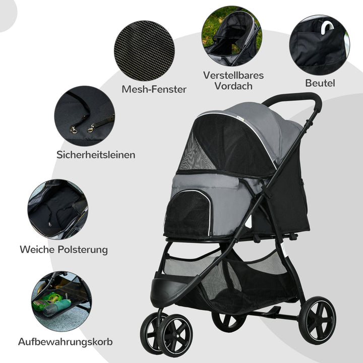 Hundevogn kæledyrsvogn op til 10 kg sammenklappelig regnovertræk 2 sikkerhedssnore 83 cm x 55 cm x 101 cm grå + sort