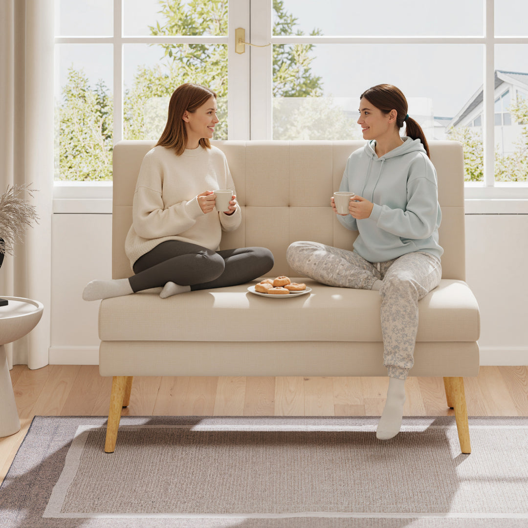 2-personers sofa, tykpolstret ryglæn, træben, tyk polstring, linnedlook, til små rum, beige