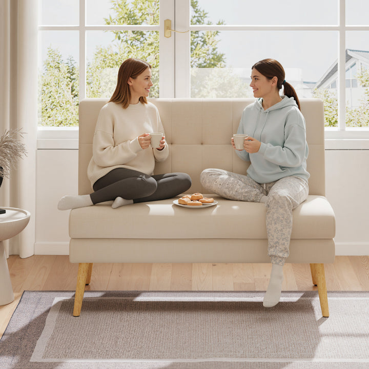 2-personers sofa, tykpolstret ryglæn, træben, tyk polstring, linnedlook, til små rum, beige