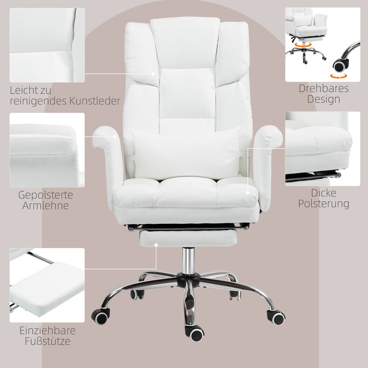 Ergonomisk kontorstol, højdejusterbar 48-56 cm, ryglæn med hvilefunktion, fodstøtte, hvid