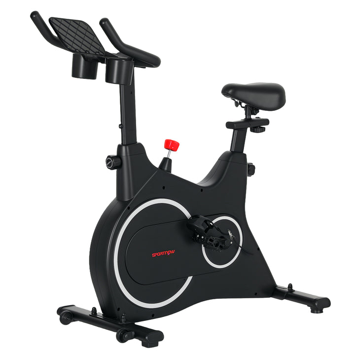 Motionscykel, fitnesscykel med lcd-skærm, tabletholder, flaskeholder, komfortabelt sæde, kompakt, sort