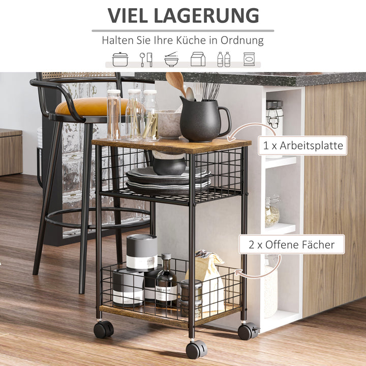 Køkkenvogn i industrielt design 1 hylde 1 opbevaringskurv 4 hjul 40 cm x 30 cm x 62 cm stål sort + brun