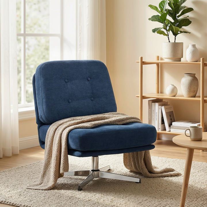 Drejelig accentstol, polstret læsestol med chenille, bredt sæde, fjerhynde og metalben, mørkeblå