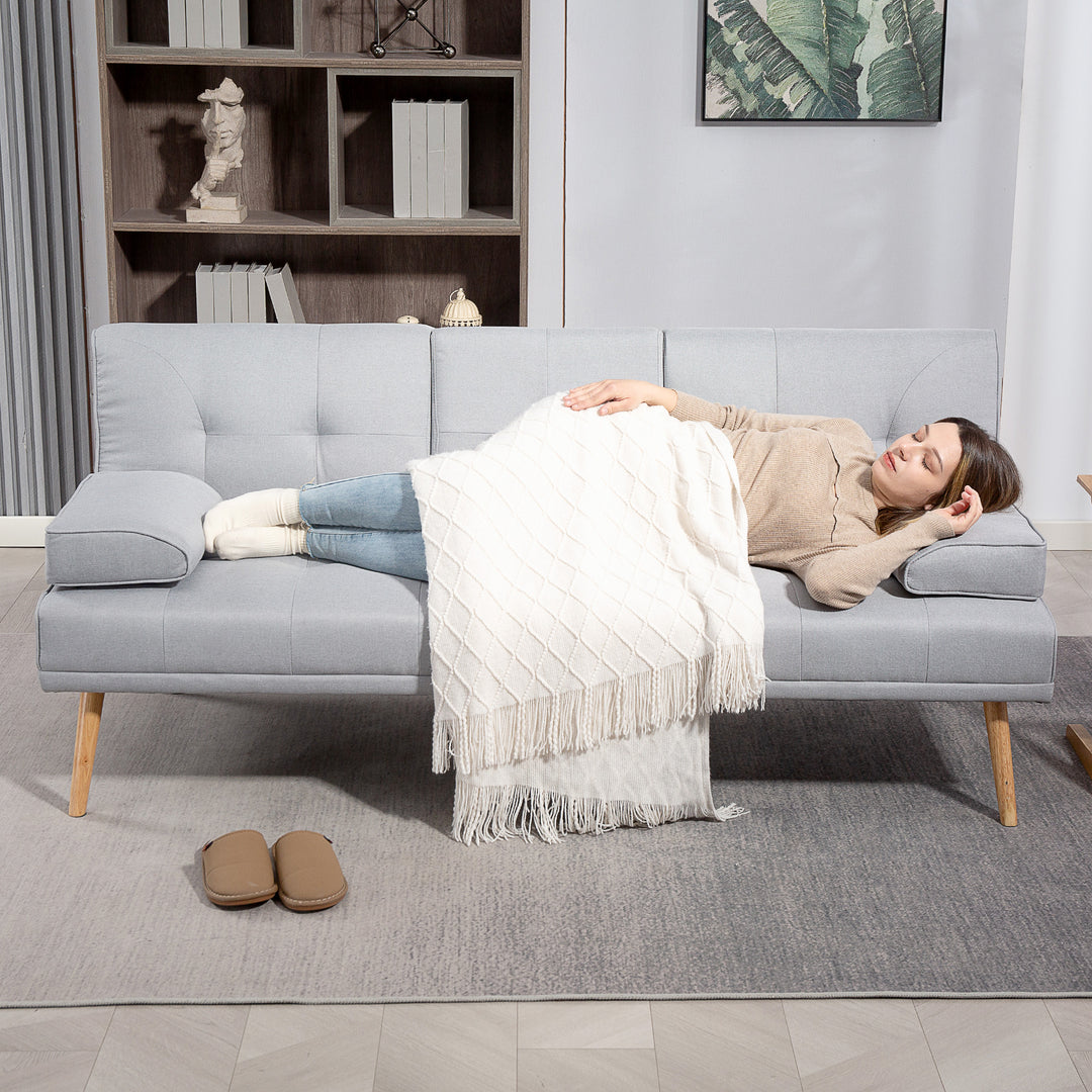 Sovesofa, 3-personers sofa, sovesofa med klapbord, kopholder, sovesofa med linnedlook, gæsteseng til stuen, lysegrå