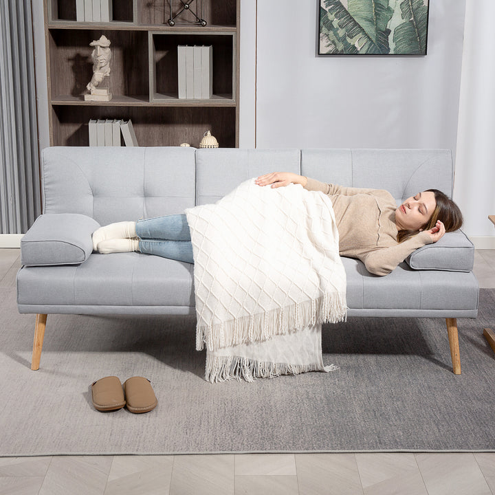 Sovesofa, 3-personers sofa, sovesofa med klapbord, kopholder, sovesofa med linnedlook, gæsteseng til stuen, lysegrå