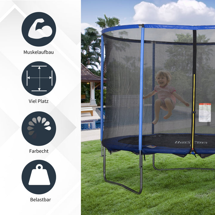 Trampolin med sikkerhedsnet havetrampolin til indendørs og udendørs brug fitnesstrampolin til børn og voksne stål blå+sort op til 113,6 kg ø305 x 248h cm