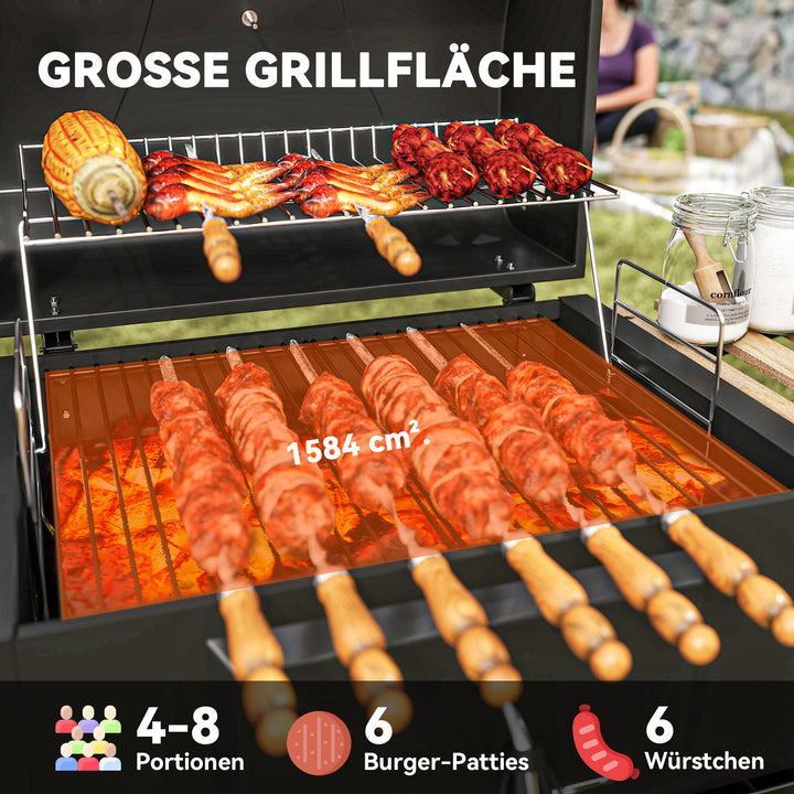 Kulgrill, højdejusterbar kulpande, grillvogn, hylder, termometer, flaskeåbner, stål, træ, sort