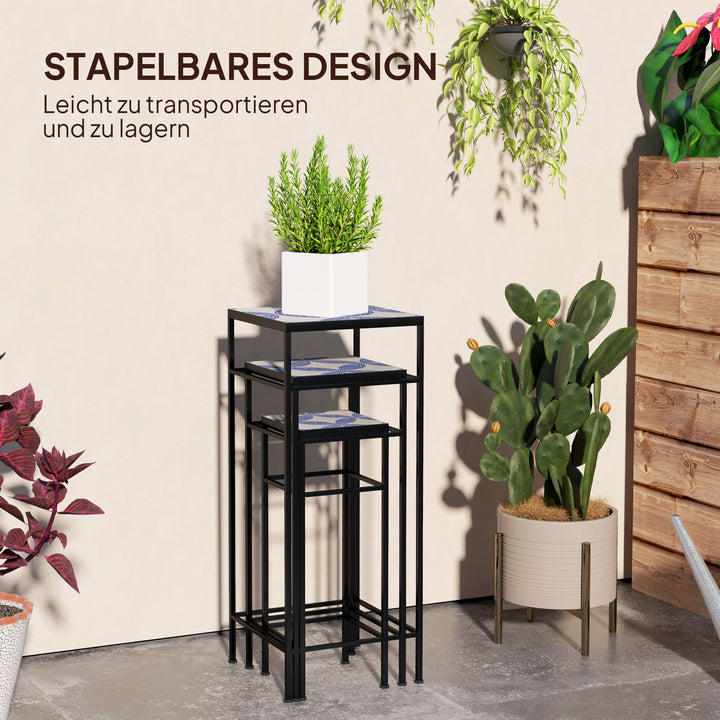 Sæt med 3 plantestativer, 3 forskellige størrelser stativer til fremvisning af blomster og andre genstande, blå+hvid