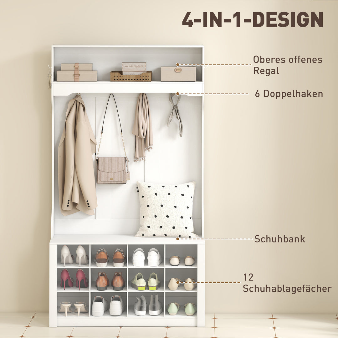 Garderobe med hylde, bænk, kroge, skorum, spånplade, MDF, hvid