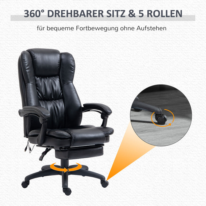 Justerbar drejestol med fodstøtte, nakkestøtte, massagefunktion, kunstlæder, 68,5 x 68,5 x 113-121 cm, sort