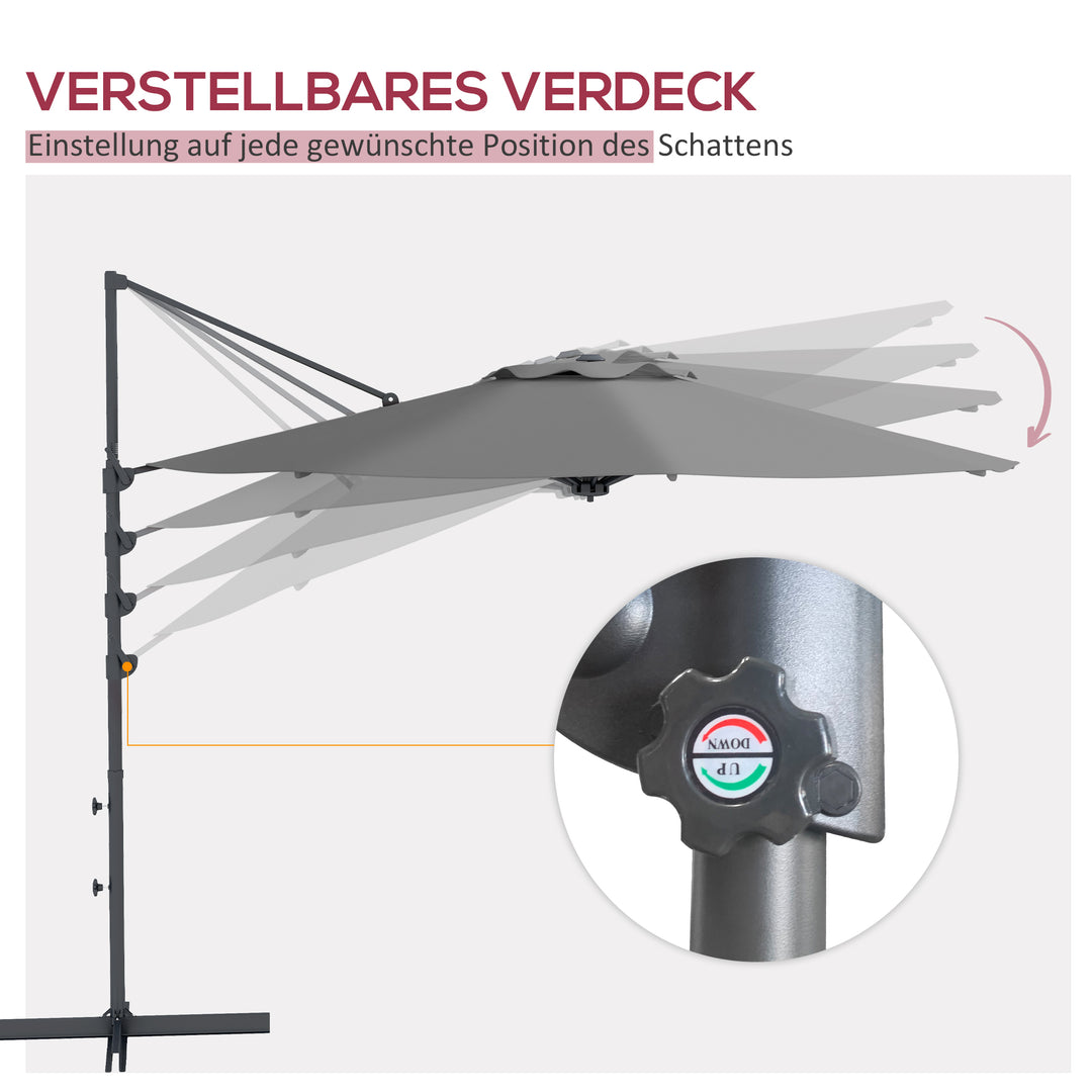Ø3 m cantilever parasol, vipbar, drejelig, håndsving, vindfang, metalmast, mørkegrå