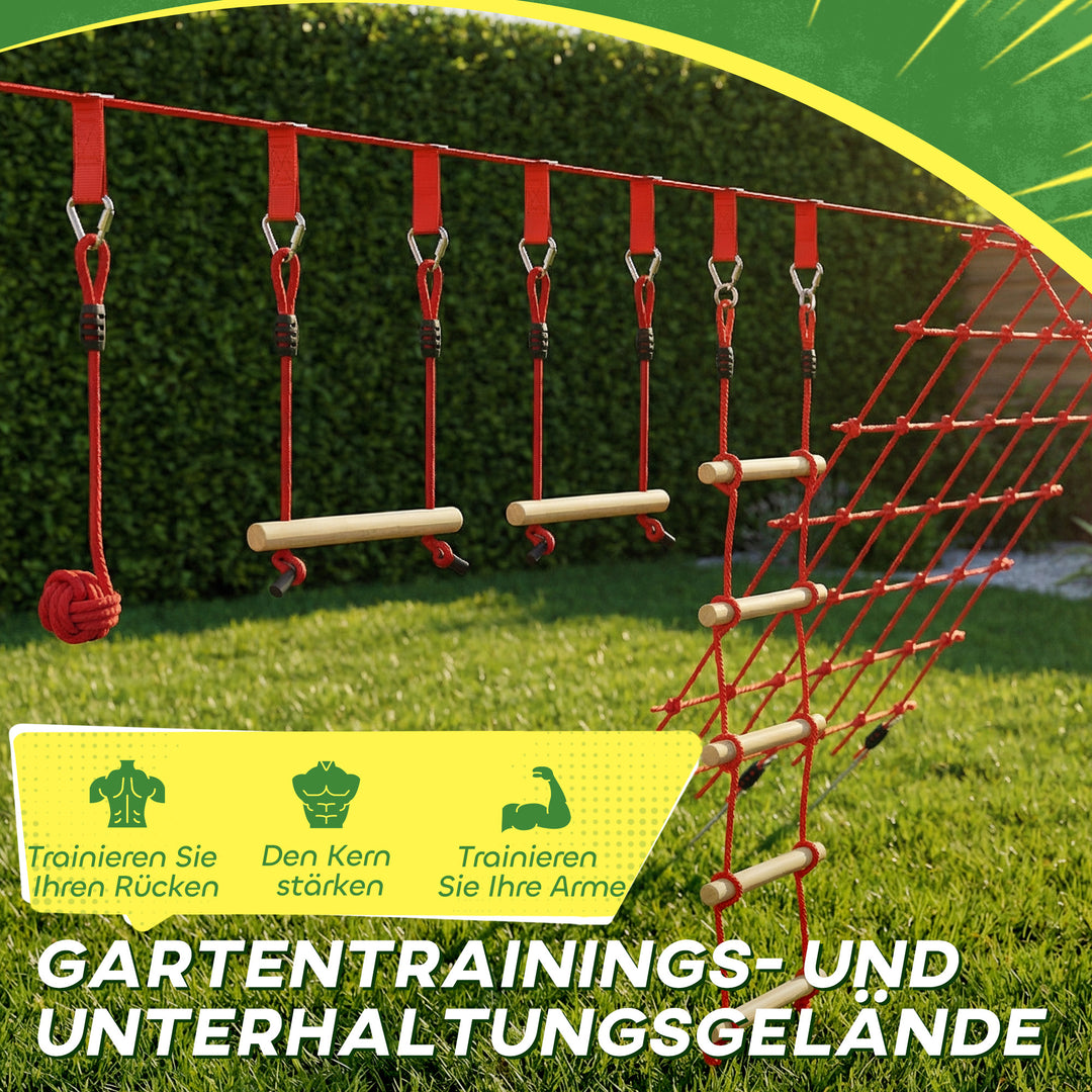 Ninja Line Kids 10m Slackline Sæt med Gymnastikringe, Gynge, Klatrestige, Klatrenet til 3-6 år, 1000x300x180 cm, Rød