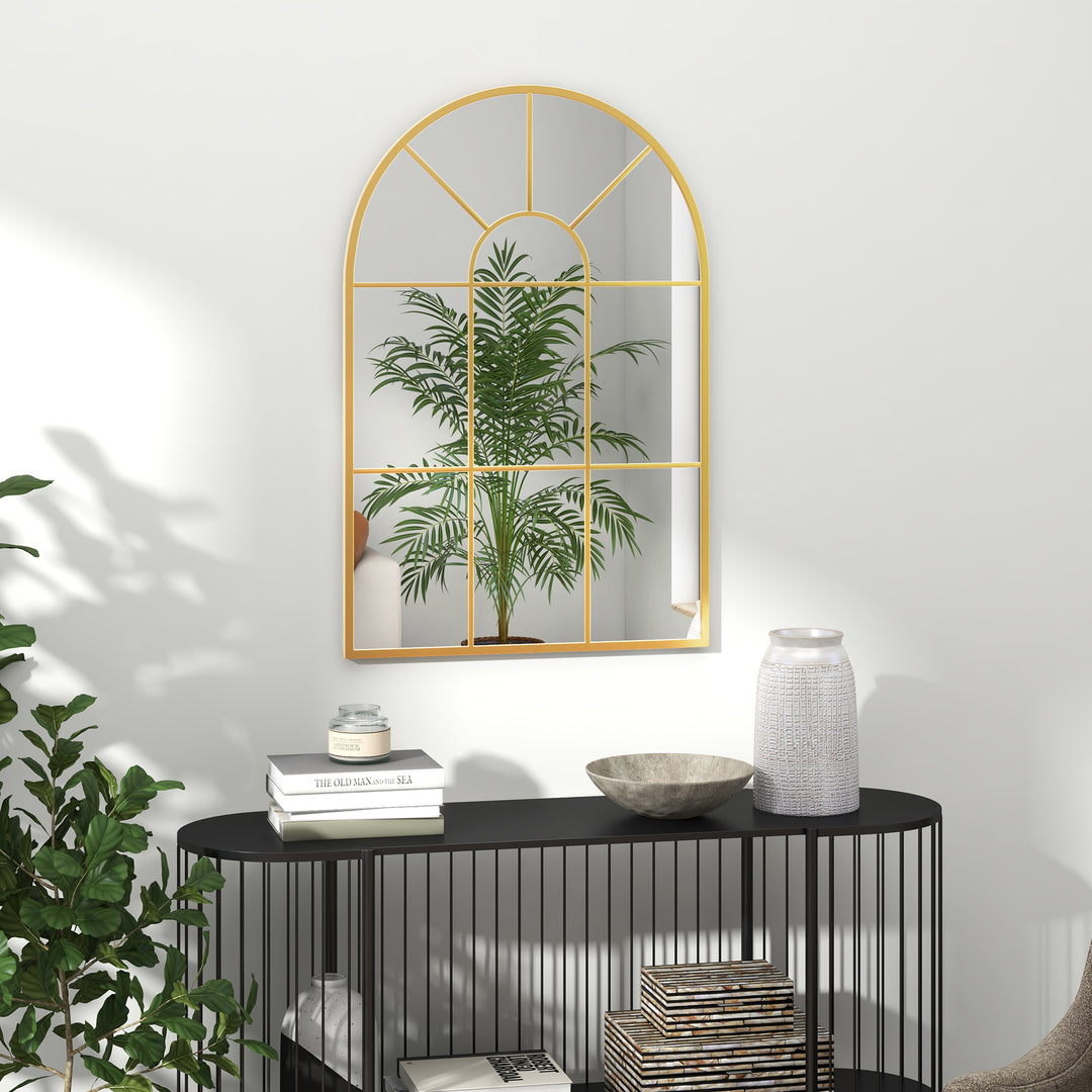 Vægspejl, vinduesdesign, entréspejl, metalramme, 91 x 60 cm, guld